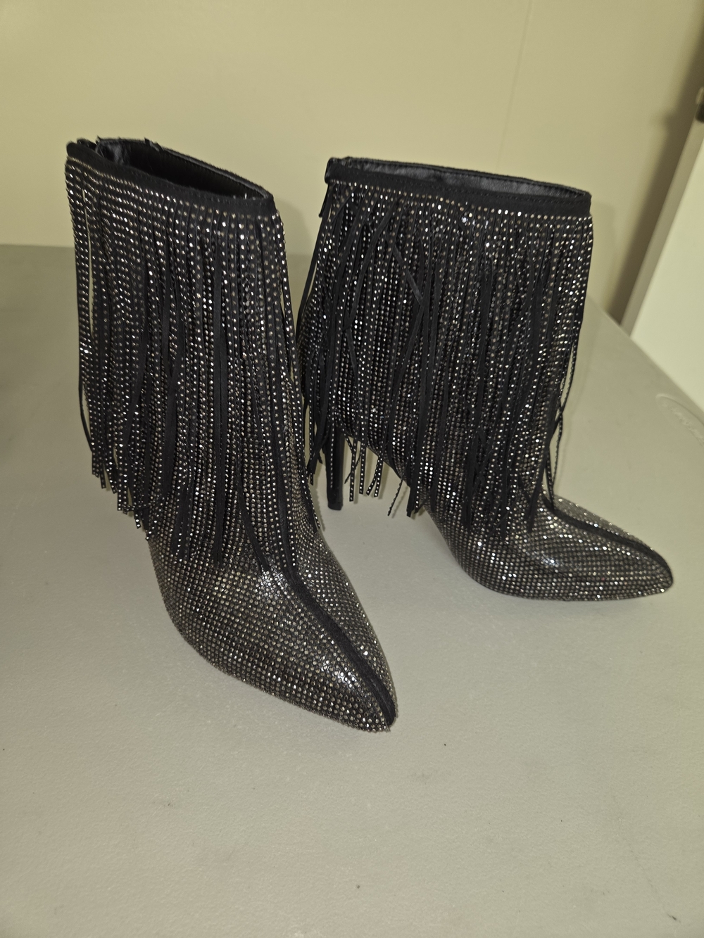 Fringe Studio Black Rhinestone Fringe Ankle Boots